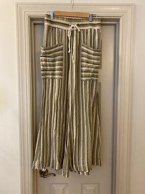 Free People 100% Cotton Olive & Cream Striped Wide-Leg Beach Pants